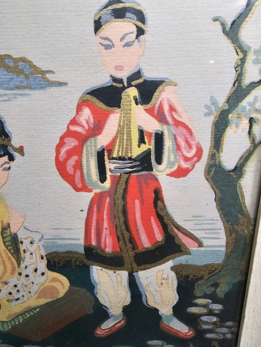 Mid-Century Japanese Signed Gouache Painting Vibrant Figures & Pagoda - Picture 4 of 15